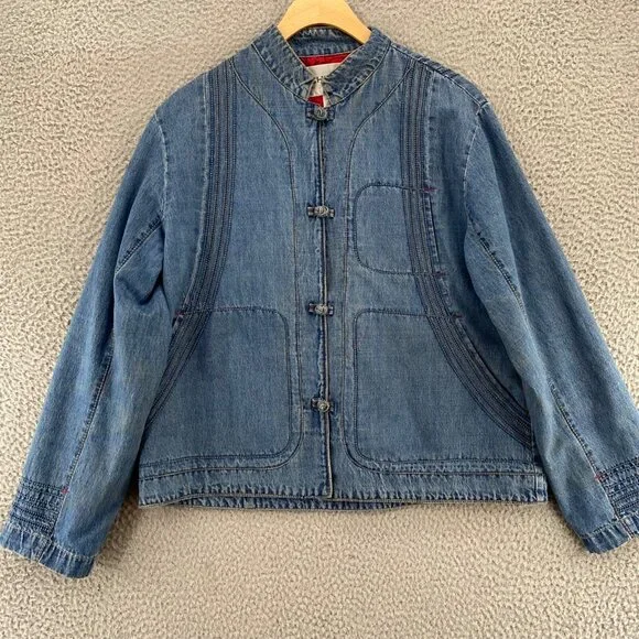 Chicos Jacket Womens 1 US 8 Blue Denim Medium Wash Embroidered Silk Lined Pocket - Picture 1 of 10